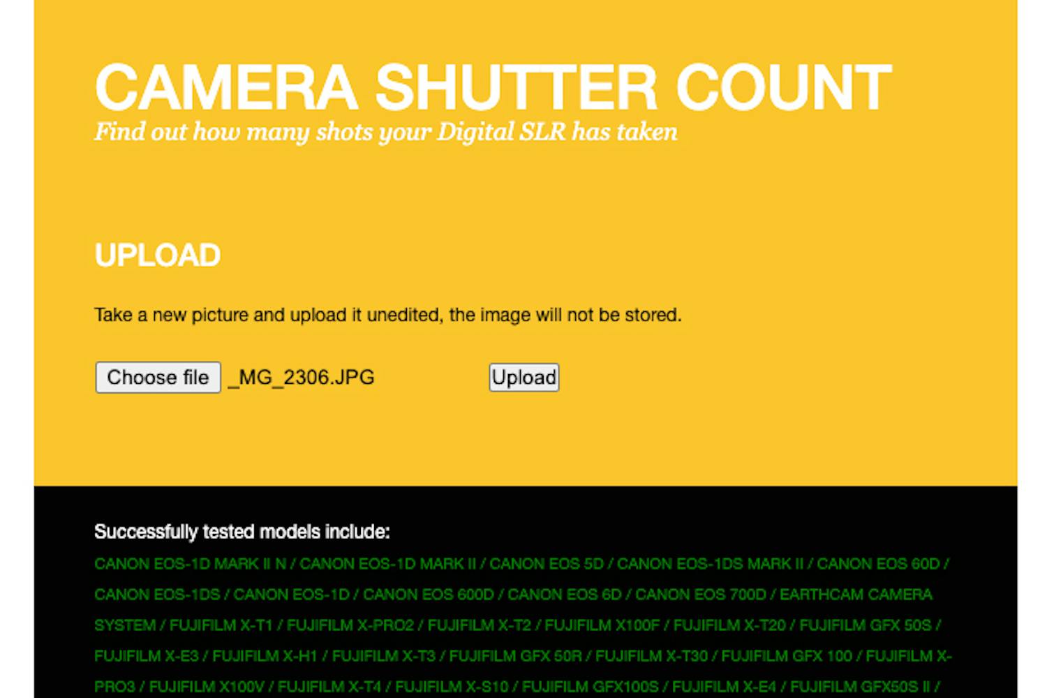 Shutter count for kameraet som brukes, blir vist når du laster opp en jpg-fil til denne siden. Shutter count for kameraet som brukes, blir vist når du laster opp en jpg-fil til denne siden.